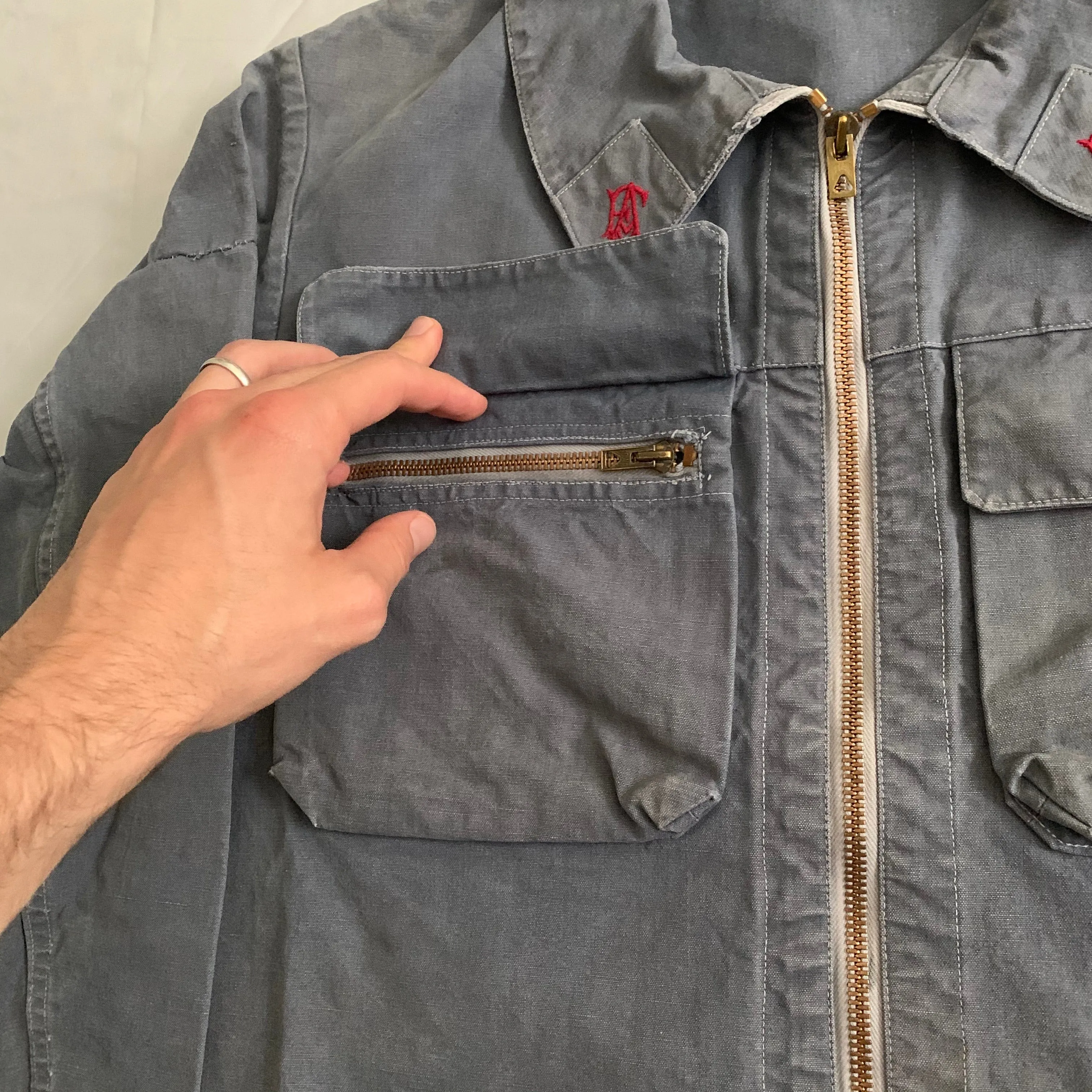 1950s Vintage "Air France" Red Logo Embroidered Faded Mechanic Jacket - Size M