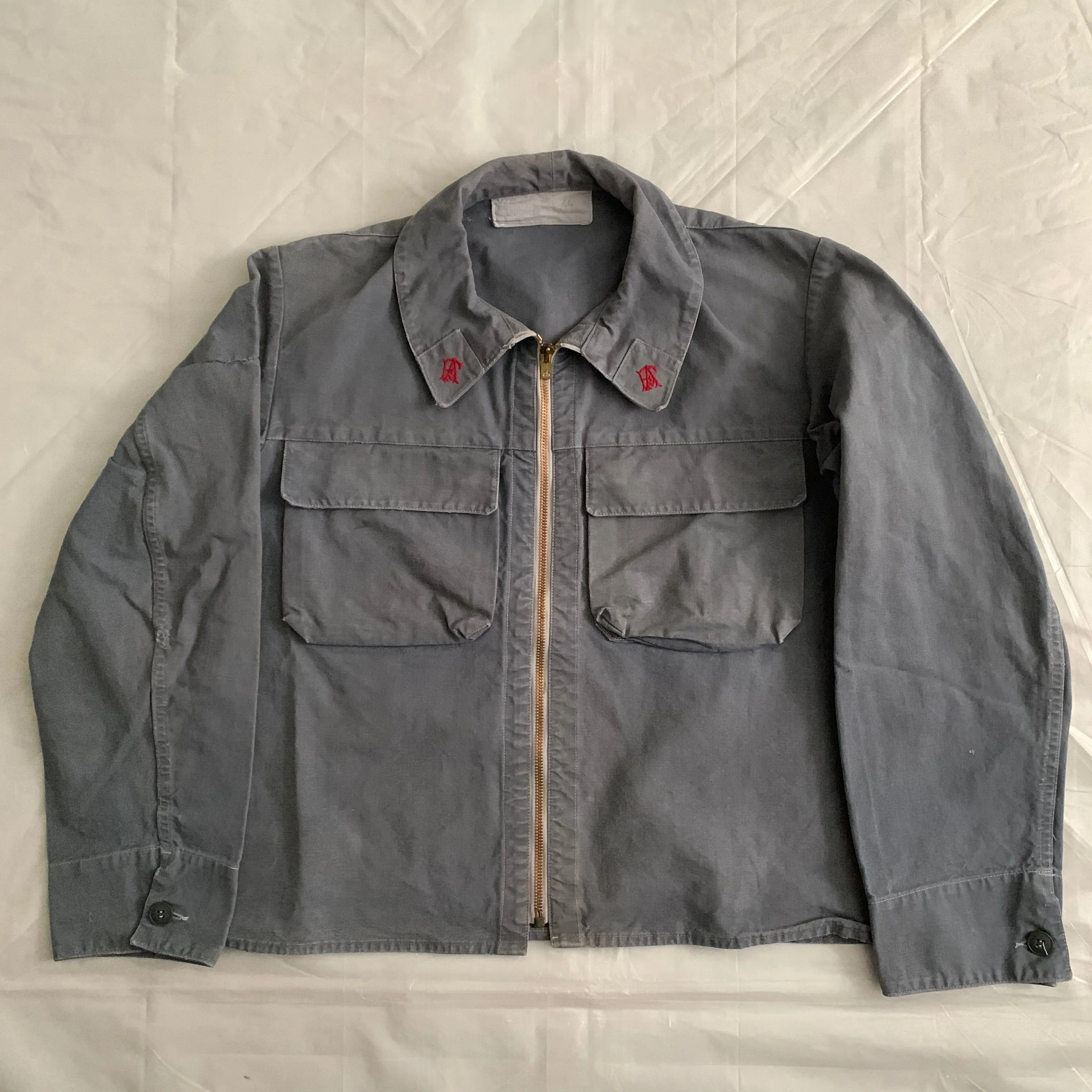 1950s Vintage "Air France" Red Logo Embroidered Faded Mechanic Jacket - Size M