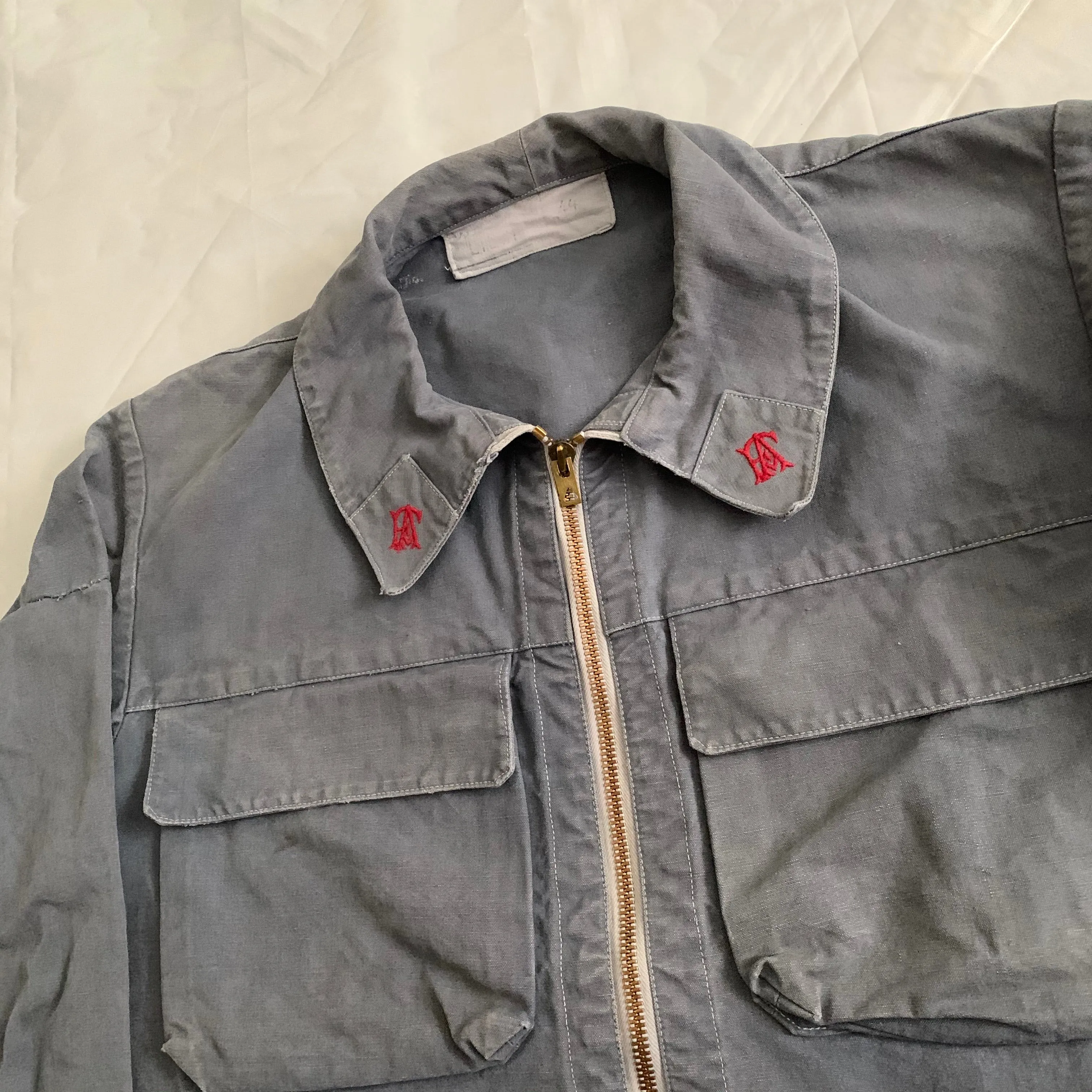1950s Vintage "Air France" Red Logo Embroidered Faded Mechanic Jacket - Size M
