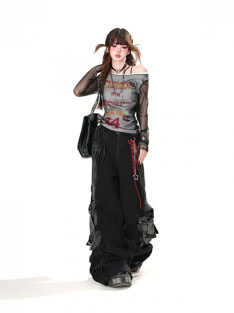 Black Faded Wash Cargo Pockets Loose Wide-Leg Jeans