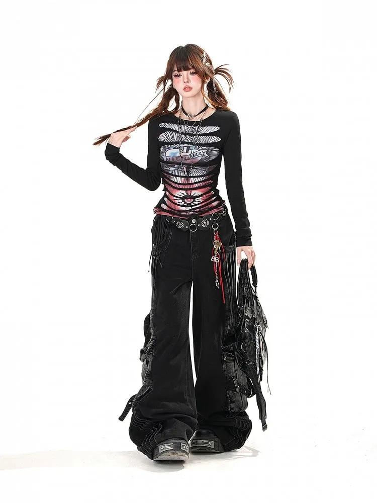Black Faded Wash Cargo Pockets Loose Wide-Leg Jeans