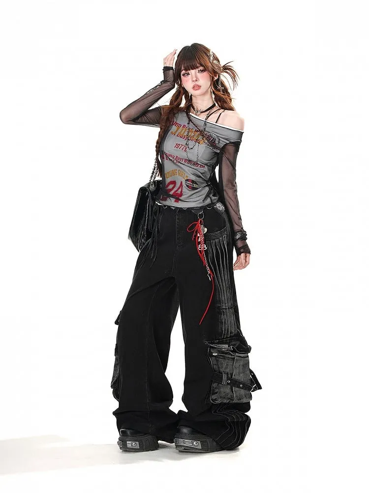 Black Faded Wash Cargo Pockets Loose Wide-Leg Jeans