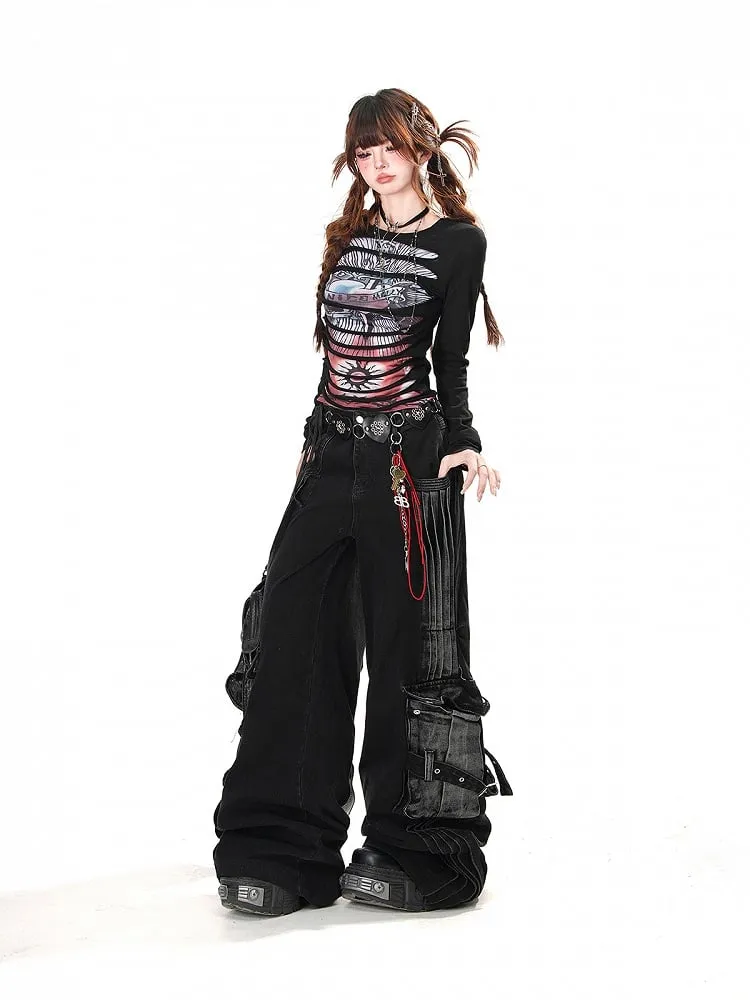 Black Faded Wash Cargo Pockets Loose Wide-Leg Jeans