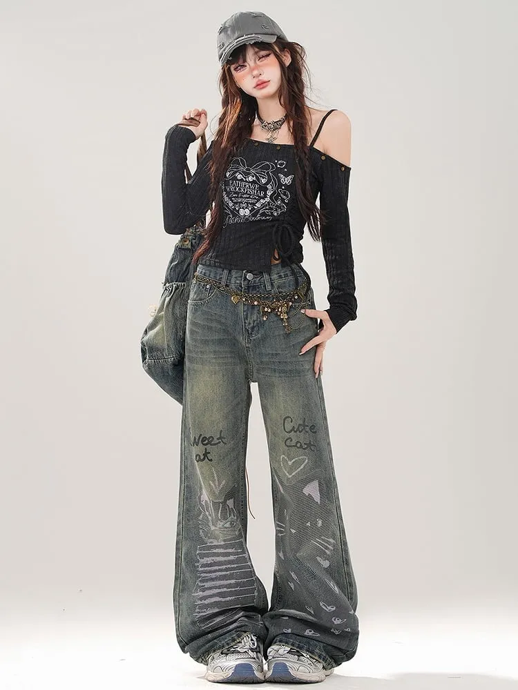 Denim Blue Cute Kitties Faded Wash Wide-leg Cut Jeans