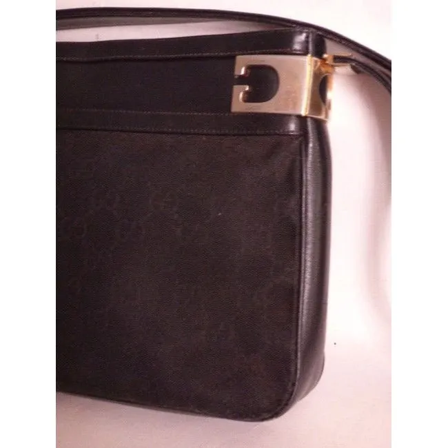 Gucci Vintage Black Leather And Large G Logo Print Canvas Suede Hobo Bag