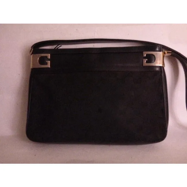 Gucci Vintage Black Leather And Large G Logo Print Canvas Suede Hobo Bag