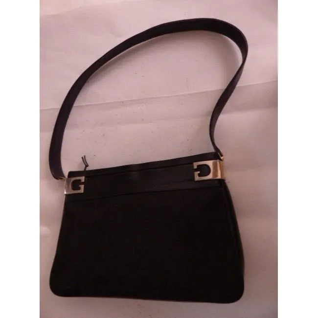 Gucci Vintage Black Leather And Large G Logo Print Canvas Suede Hobo Bag