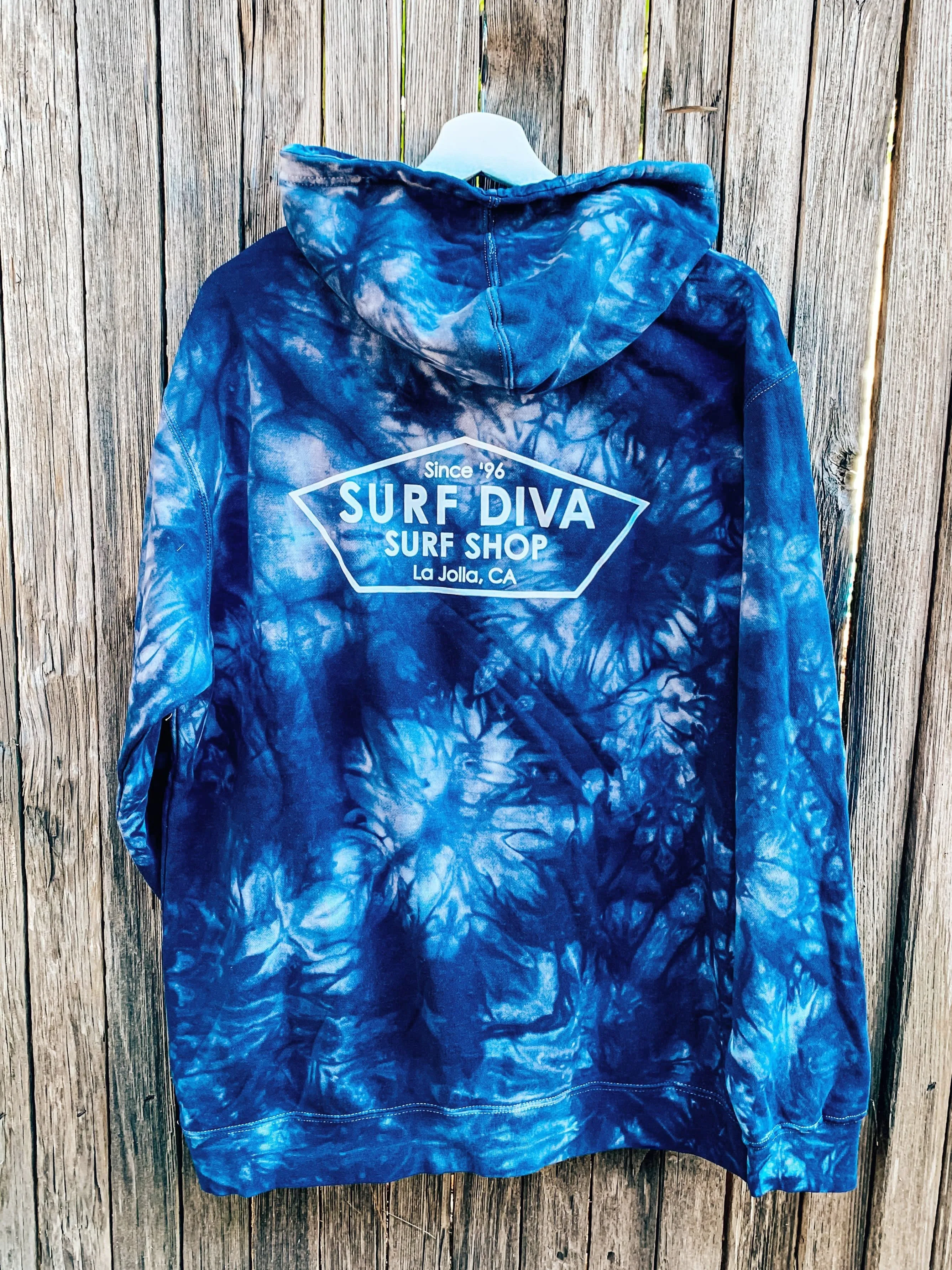 HOODIE SWEATSHIRT with SURF DIVA SURF SHOP (blue tie-dye)