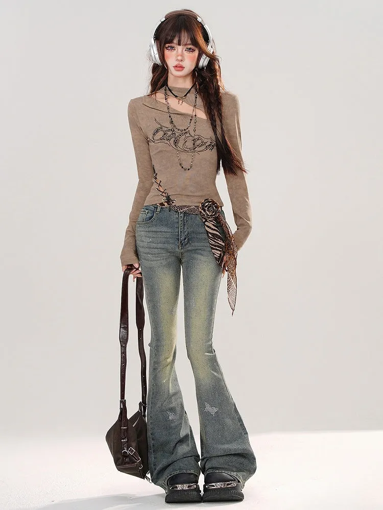 Jeans Rhinestone Butterflies Wash Adorned Blue Faded Fishtail Denim