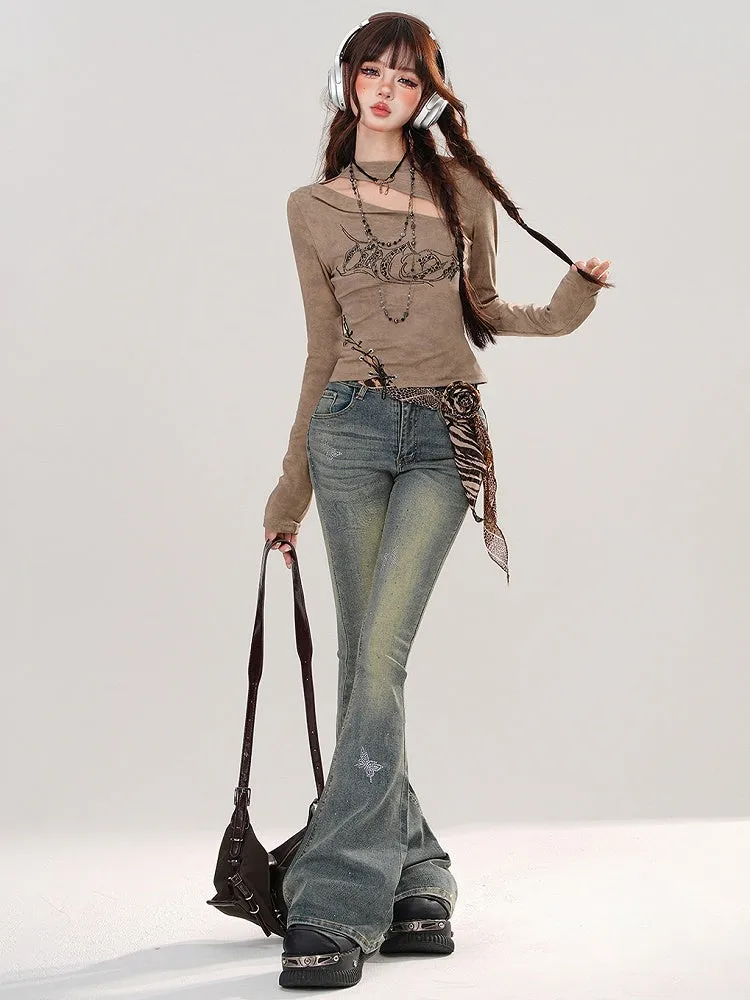 Jeans Rhinestone Butterflies Wash Adorned Blue Faded Fishtail Denim