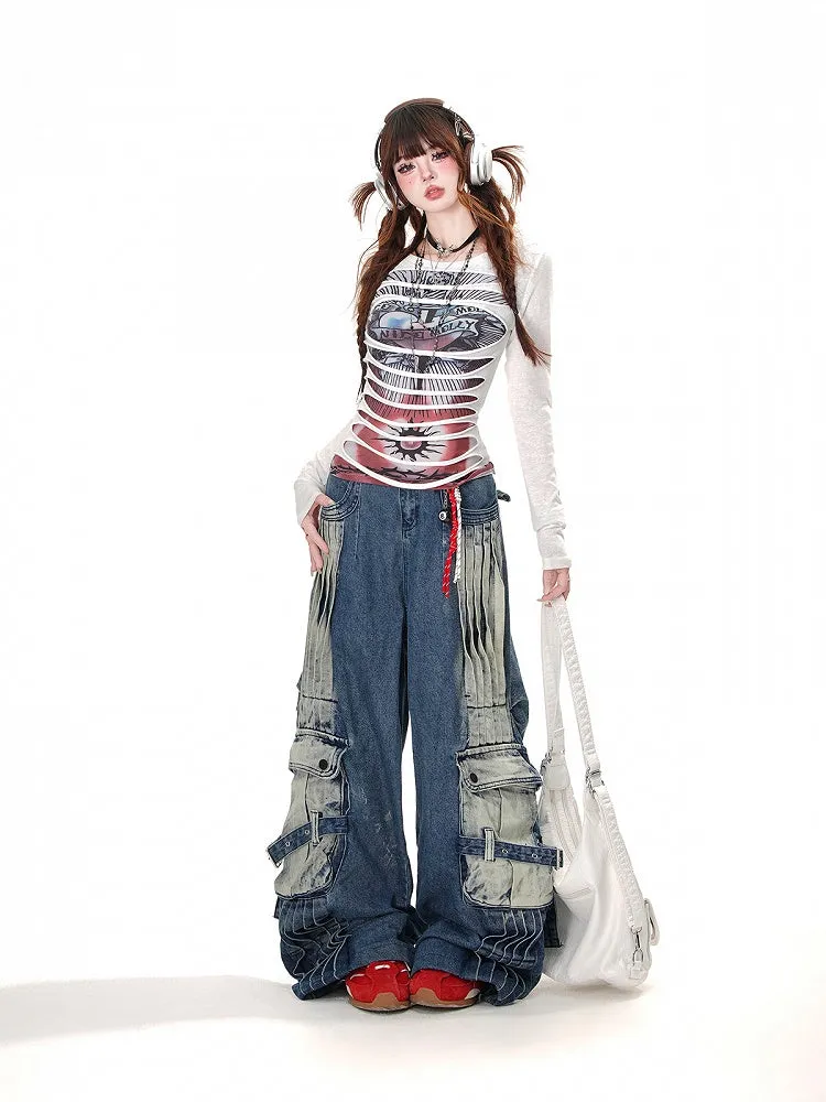 Loose Faded Pockets Wash Cargo Wide-Leg Jeans Blue
