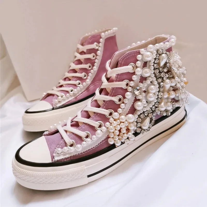 Women's shoes new spring and autumn shoes 3D Handmade Pearl Canvas shoes women's casual shoes Purple