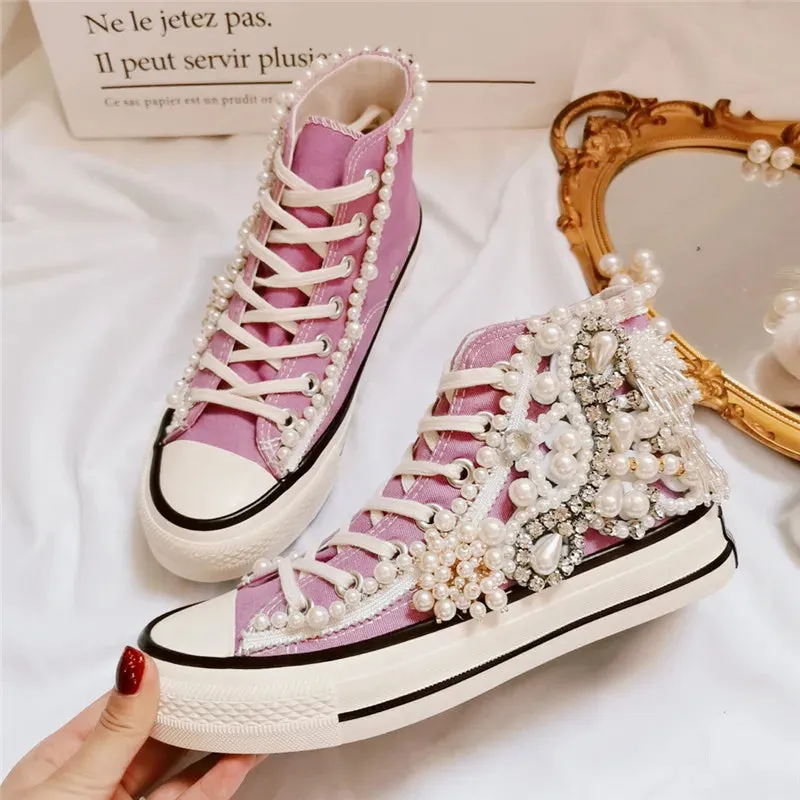 Women's shoes new spring and autumn shoes 3D Handmade Pearl Canvas shoes women's casual shoes Purple