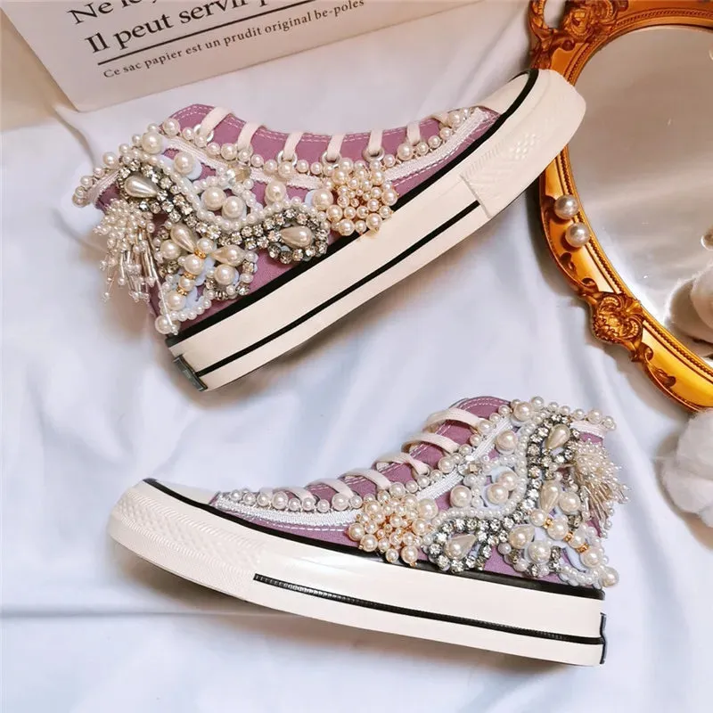 Women's shoes new spring and autumn shoes 3D Handmade Pearl Canvas shoes women's casual shoes Purple
