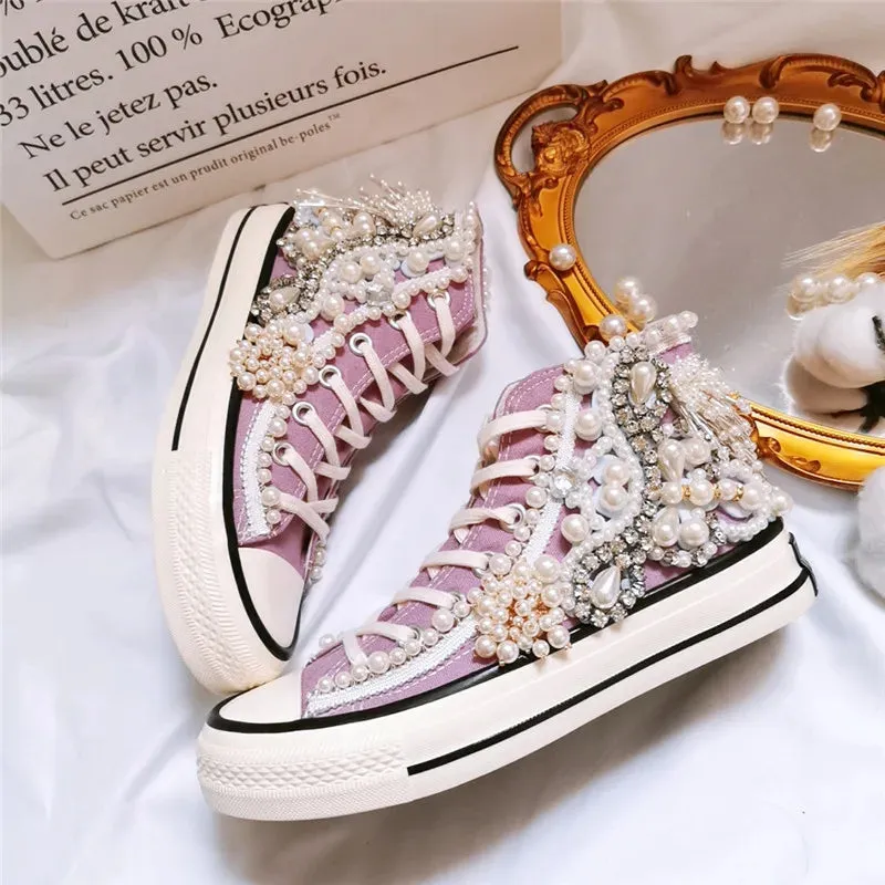 Women's shoes new spring and autumn shoes 3D Handmade Pearl Canvas shoes women's casual shoes Purple