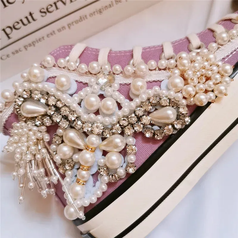 Women's shoes new spring and autumn shoes 3D Handmade Pearl Canvas shoes women's casual shoes Purple