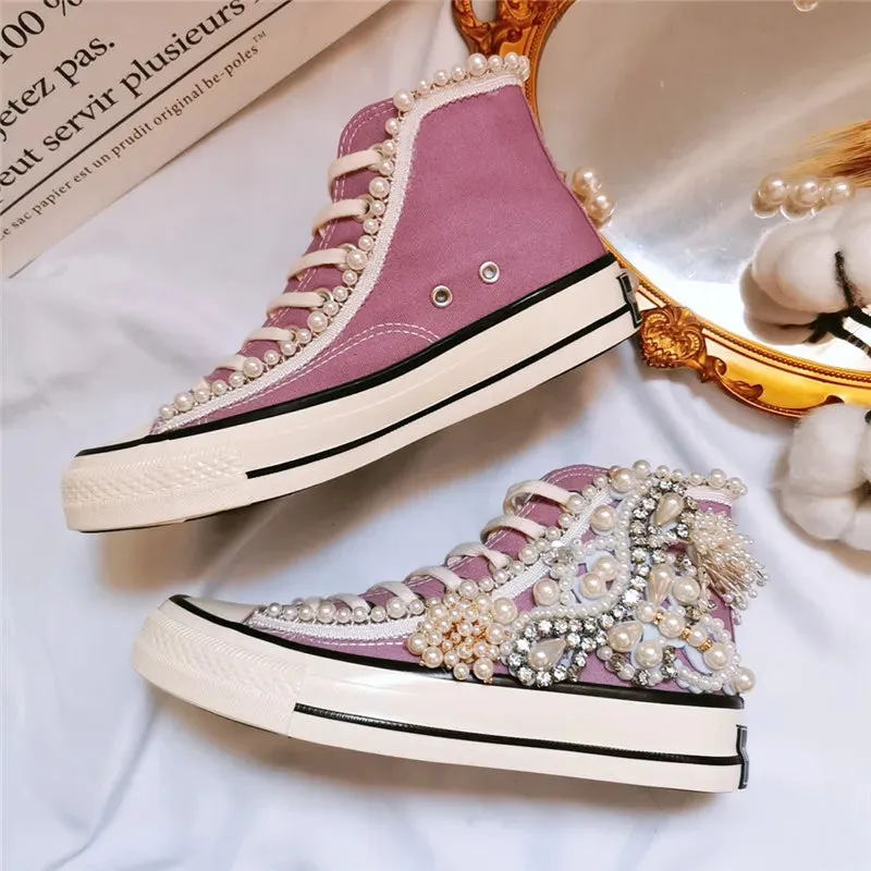 Women's shoes new spring and autumn shoes 3D Handmade Pearl Canvas shoes women's casual shoes Purple