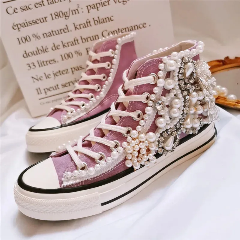 Women's shoes new spring and autumn shoes 3D Handmade Pearl Canvas shoes women's casual shoes Purple